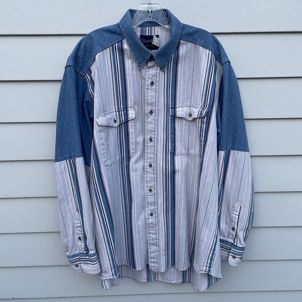 VTG Wrangler Shirt Blue Denim Stripe Brushpopper Western X-Long Tails 17.5/35 XL - Picture 3 of 12